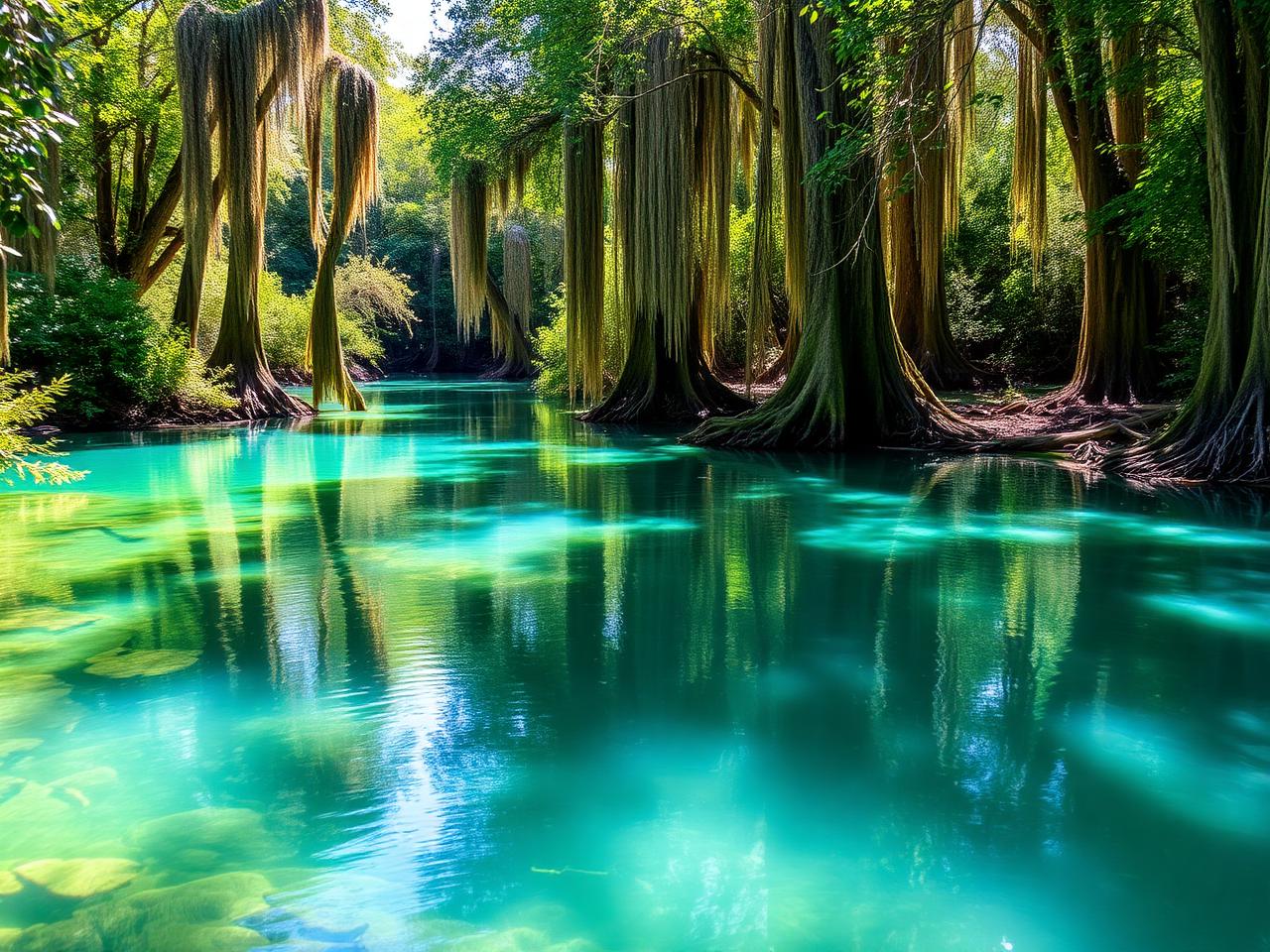 Clear spring-fed water surrounded by cypress trees in the Central Florida landscape near Apopka