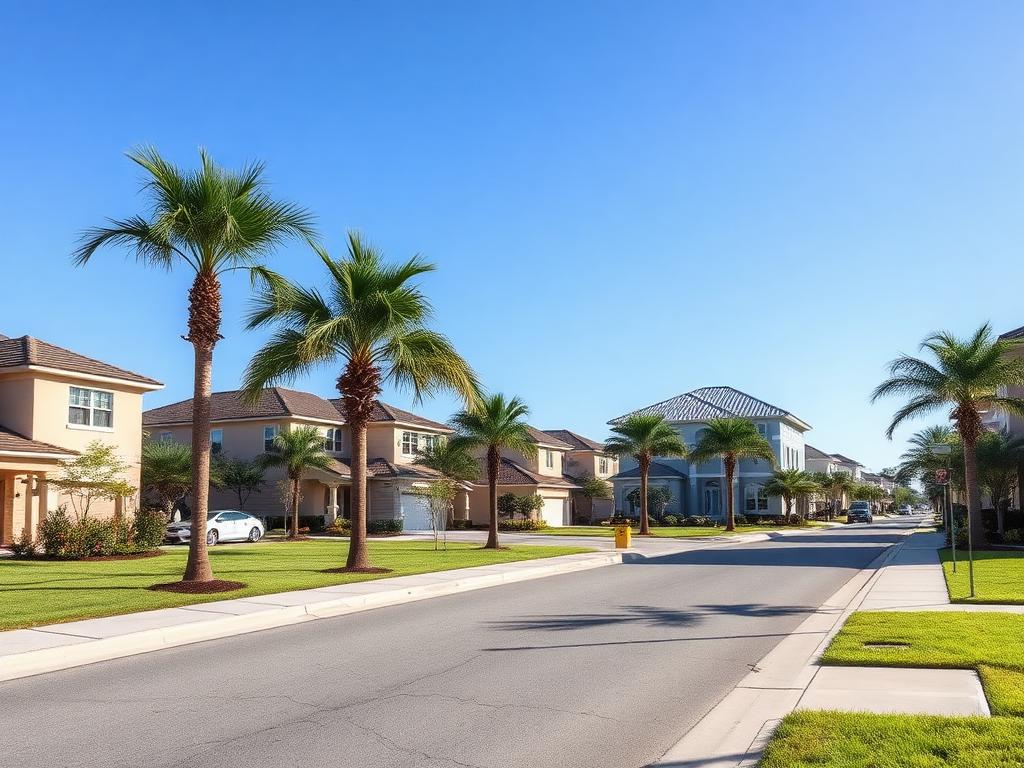 Suburban street in Rock Springs Ridge, Apopka with newer homes, sidewalks and palm trees