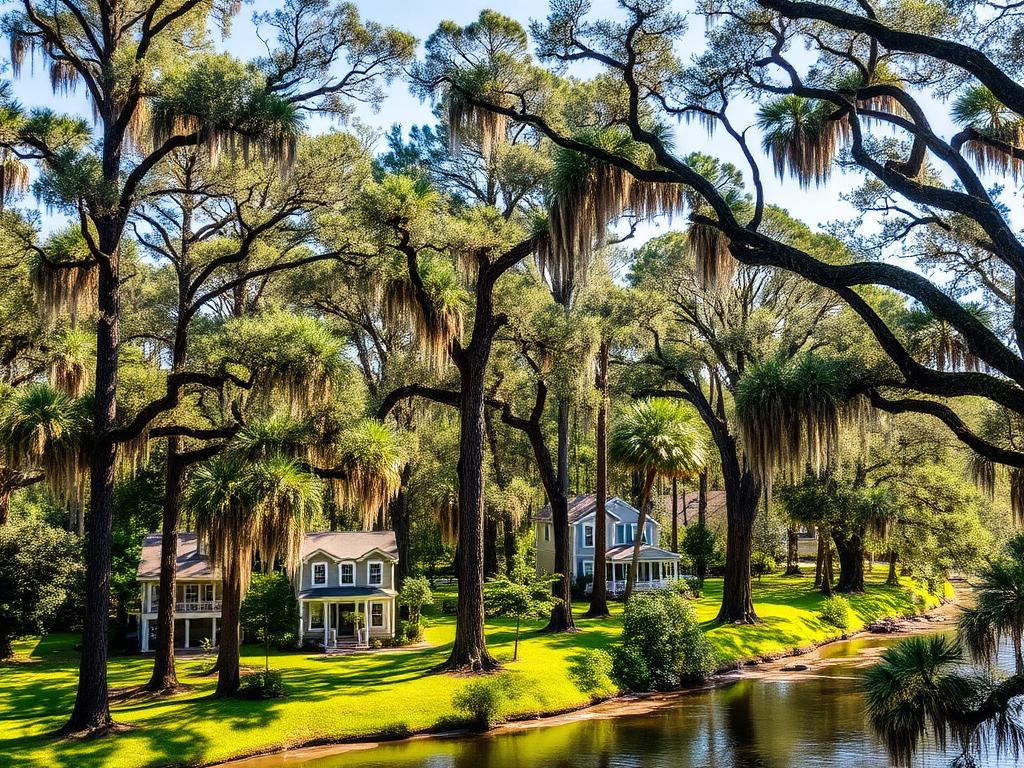 Homes tucked among tall pines and oaks near the Wekiva River area of Apopka, Florida